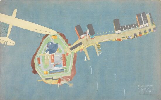 Utkast til utstillingsanlegg tilknyttet Munkholmen, fugleperspektiv