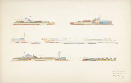 Utkast til utstillingsanlegg tilknyttet Munkholmen, oppriss og snitt