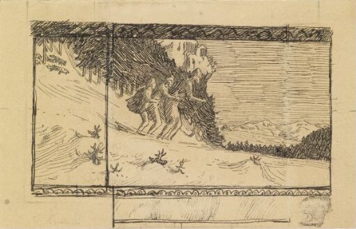 Three Men on one pair of Skis. Torodd and his Companion skiing with Arnljot Gelline. Illustration for Snorre sturlason, The Lives of the Norse Kings