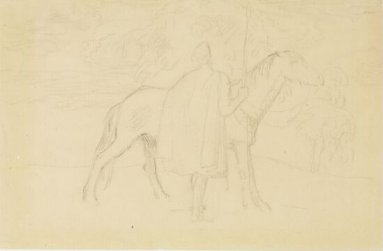 Viking med spyd og hest i landskap