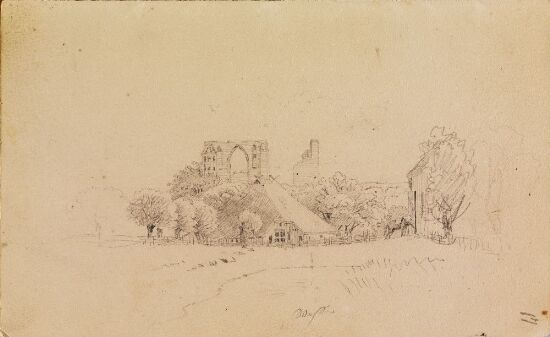 Klosterruinen Eldena, samt hus med stråtak og et lite vann