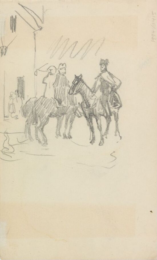 Tre ryttere utenfor et hus