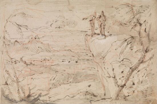 Landskap med to figurer på klippe