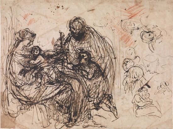 Maria og Jesusbarnet tilbes av to personer; figurstudier