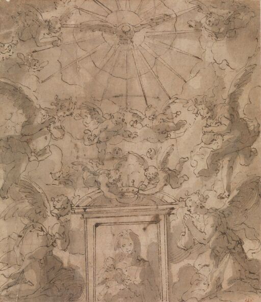 Maria med Jesusbarnet i nisje omgitt av engler