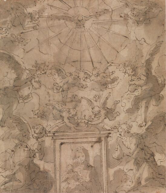 Maria med Jesusbarnet i nisje omgitt av engler