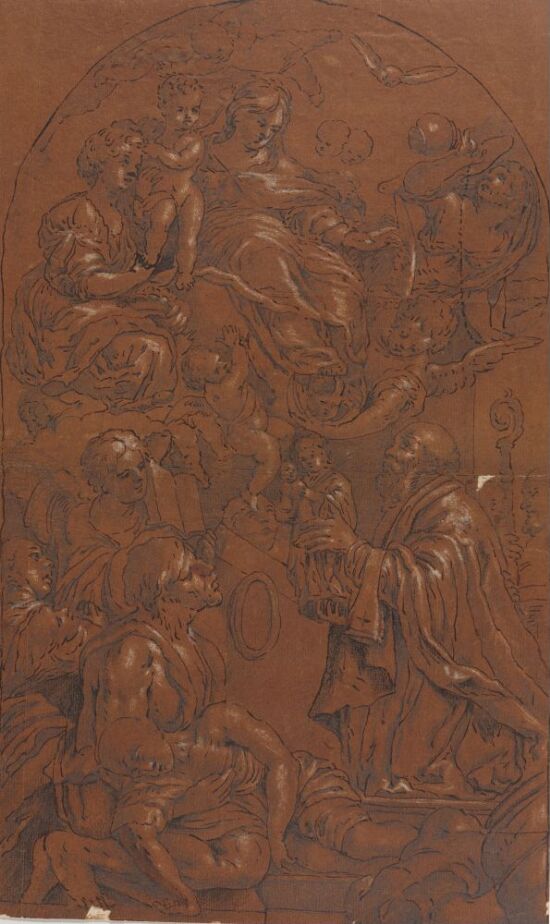 Maria og Jesusbarnet tilbedt av biskop med helgenstatue