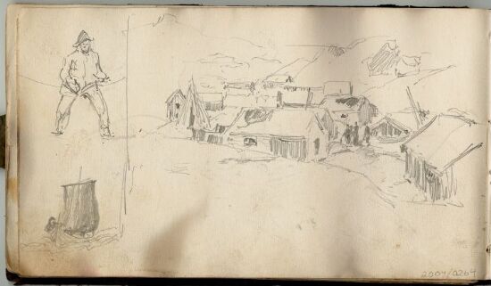 Studier av fisker og båt; bebyggelse i Lofoten