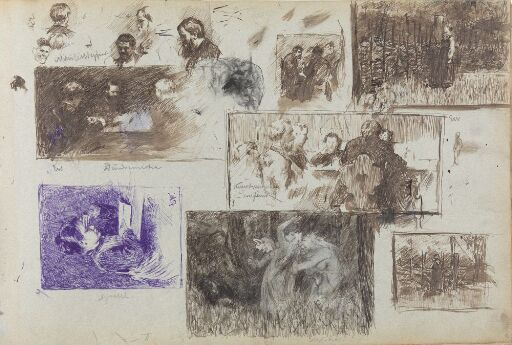 Figurstudier; jente som leser; kunstnere ved bord; jente ved skigard; troll