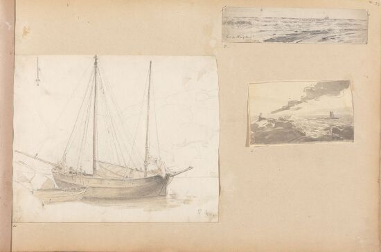 Seilskute; Strand og opprørt hav; Klipper ved havet