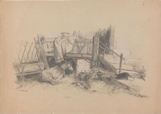 Landsbymotiv med esel og katt