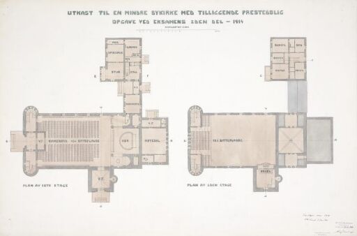 Utkast til en bykirke med prestebolig, plantegning