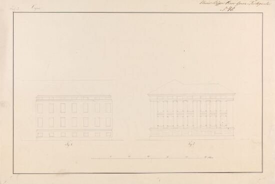Museumsbygningen, fasadeoppriss av østfløyen med vindusgjennombrudd i takgesimsen