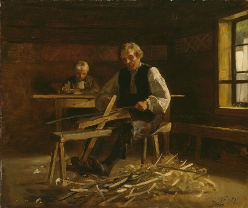 Interior from Vikøy with Farmer making Barrel Hoops