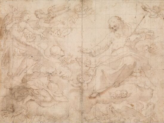 Gud Fader tronende på en sky, tilbedt av engler