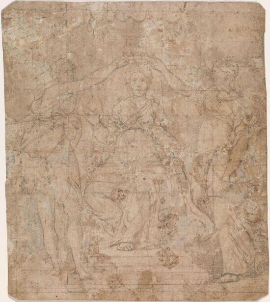 Tronende kvinne kronet av to kvinnelige figurer