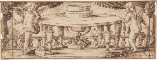 Two putti by a table on a terrace
