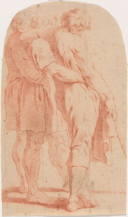 Three standing male figures leaning against each other