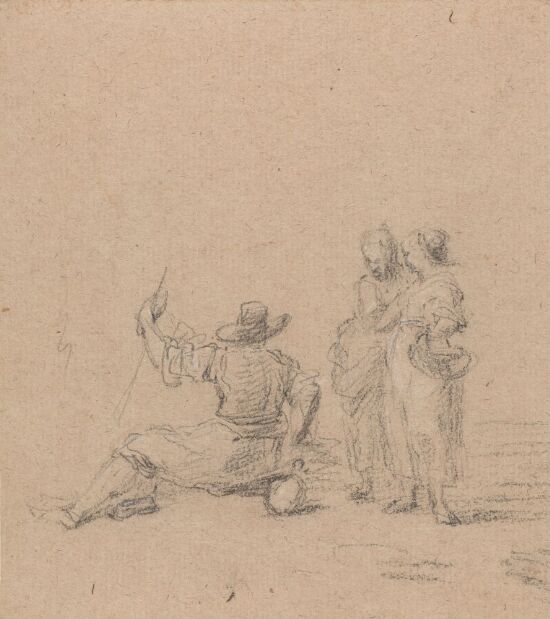 Sittende mann og to stående kvinner