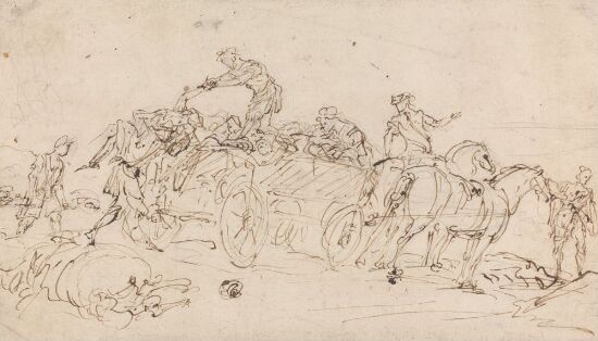 To hester foran en vogn med lik