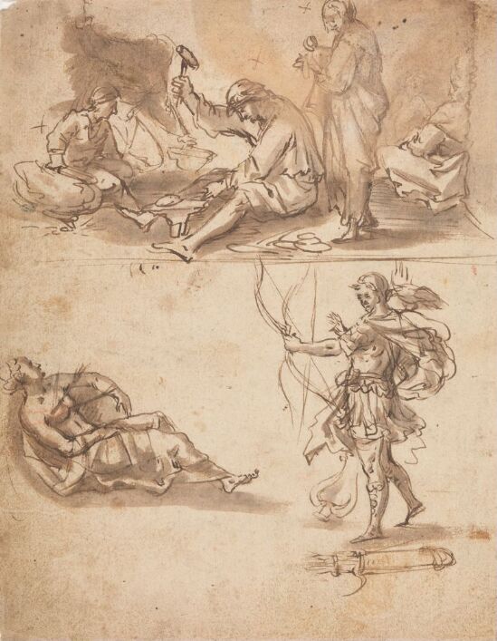 Soldat som skyter med pil og bue på liggende kvinne; sittende mann som slår på ambolt