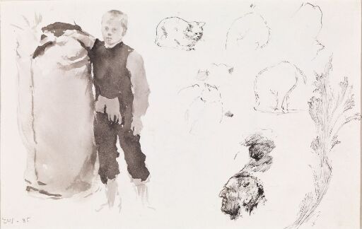 Gutt stående ved kornsekk, riss av katt og mannshode