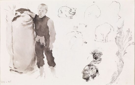 Gutt stående ved kornsekk, riss av katt og mannshode