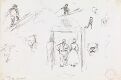 Riss av motivet "Gamle danse", barn som hopper på ski og andre figurer