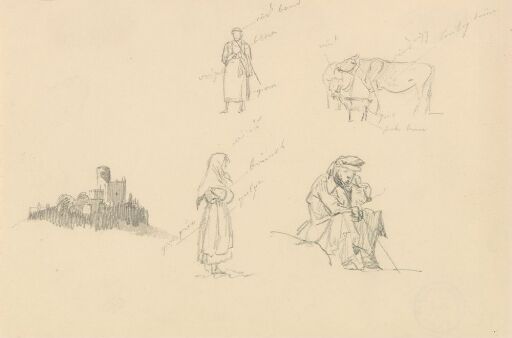 Borgruin; figurstudier; kyr og geit