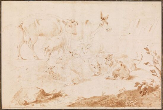 Scene med husdyr og liggende mann