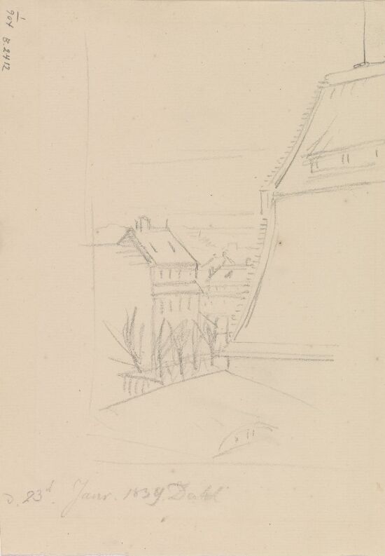 Utsikt fra vindu mot hustak