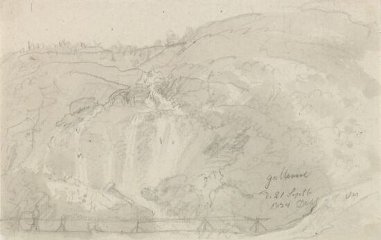 Landskap med foss og bro, Galdane i Lærdal