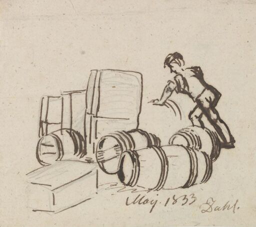 Kasser, tønner og figur som triller tønne