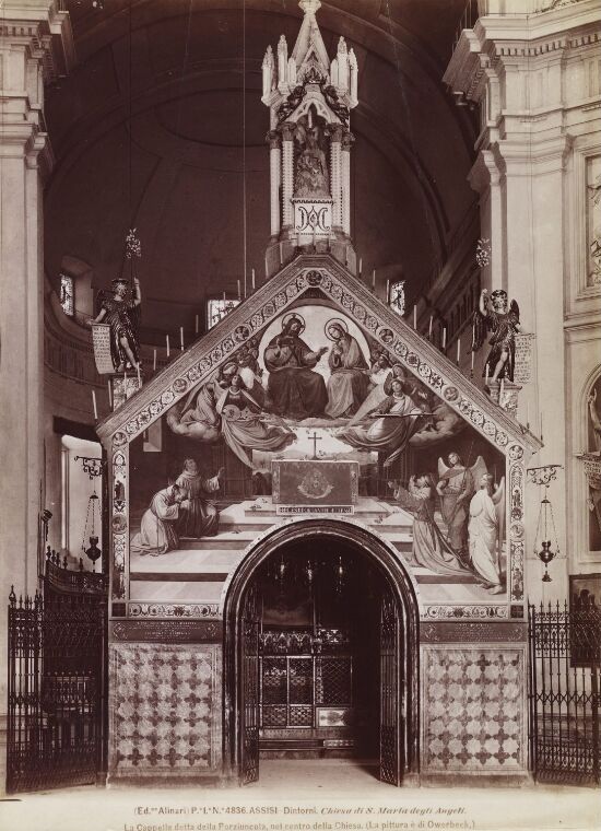 Assisi - Dintorni. Chiesa di S. Maria degli Angeli. La Cappella detta della Porziuncola, nel centro della Chiesa. (La pittura è di Owerbeck)