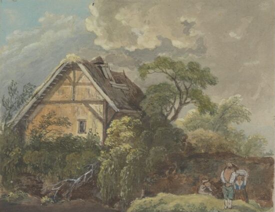 Bondehus i landskap med tre figurer