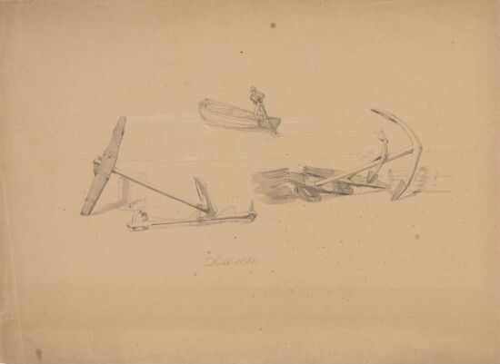 Ankere på stranden; mann i båt