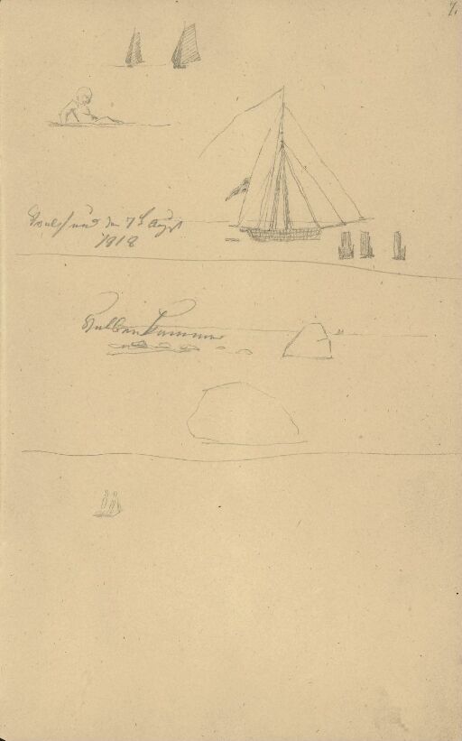 Segelboote und liegende Figur, Steiniges Meeresufer