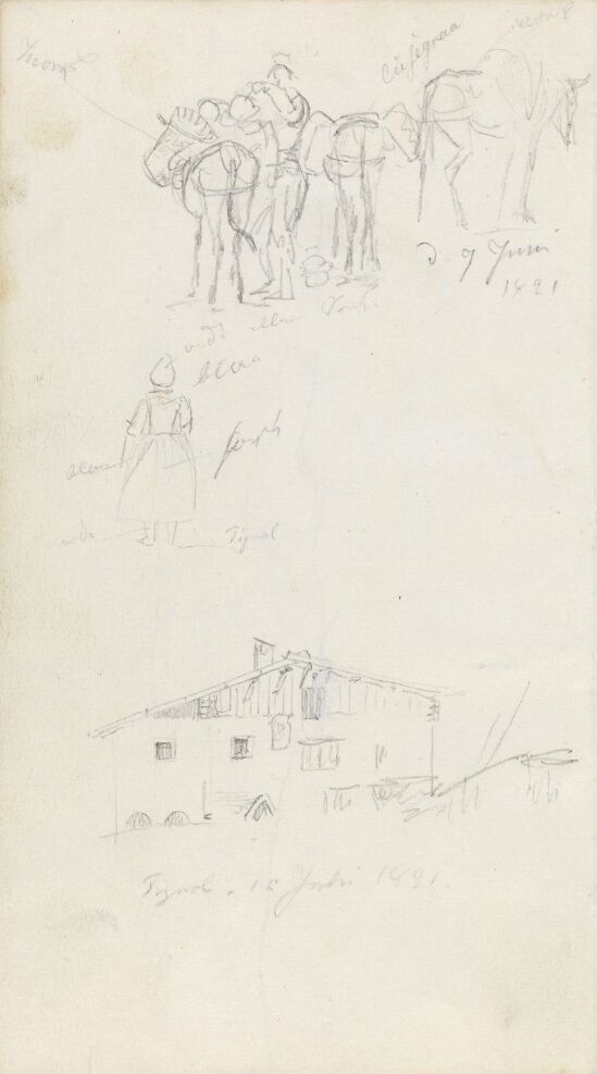 Figur- og hestestudier; bygning, Tyrol