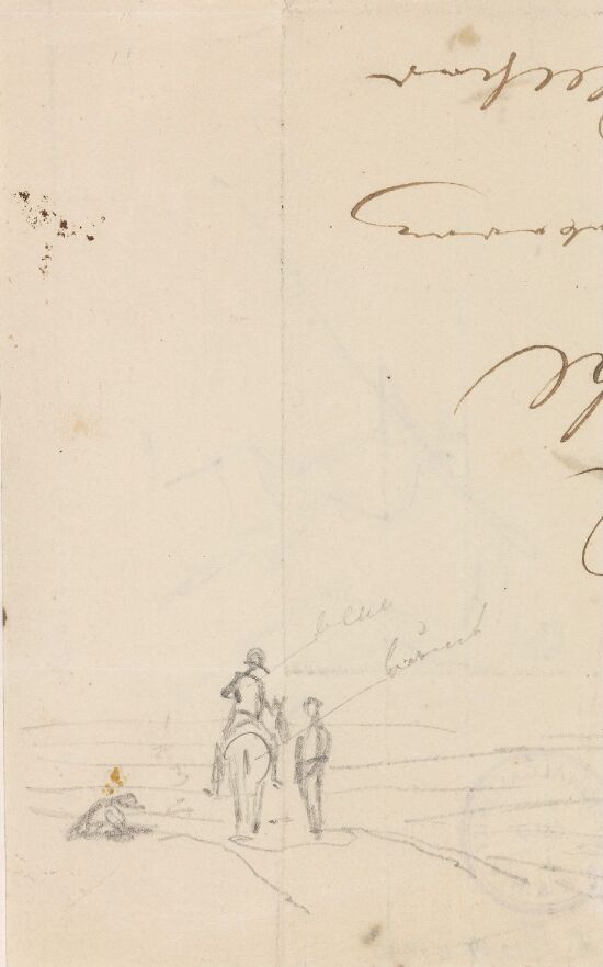 Riss av rytter og stående figur