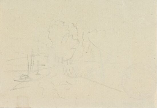 Riss av elvelandskap med seilbåter