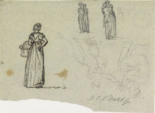 Kvinne med kurv; kjærlighetspar; riss av figurer