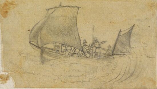 Seilbåt med figurer i opprørt sjø