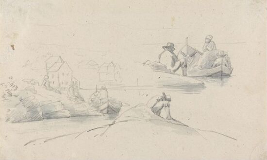 Landskap med båter, hus og figurer