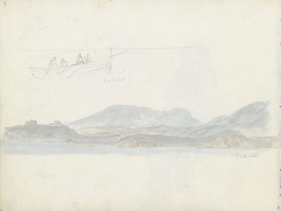 Fire figurer i båt; kystlandskap