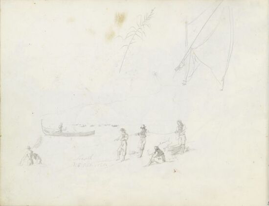 Strå og seil; strandparti med fiskere som trekker garn