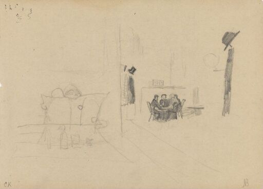 Kaféinteriør, figurer rundt et bord