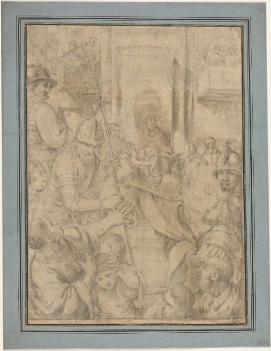 Pave omgitt av vakter som jager folkemasse