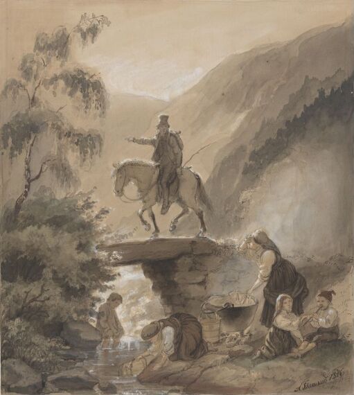 Rytter, kvinner og barn ved bekk