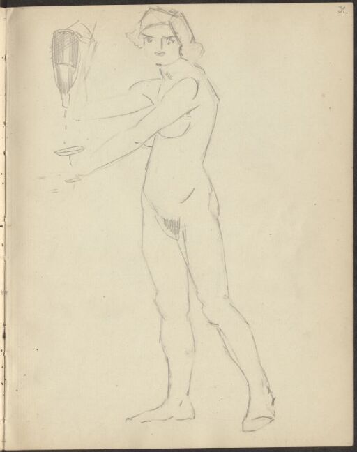 Standing female Nude with Bottle of Champagne and Glass