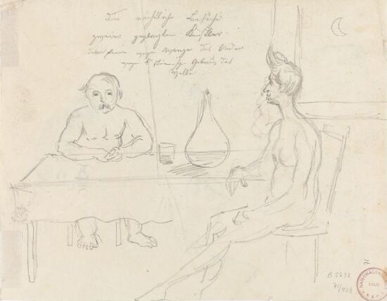 To nakne menn ved et bord med en vinkaraffel